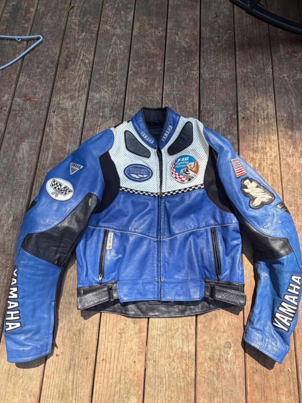 Yamaha Racing Leather Jacket Blue Black W/ Patches Mesh Accents Size 46